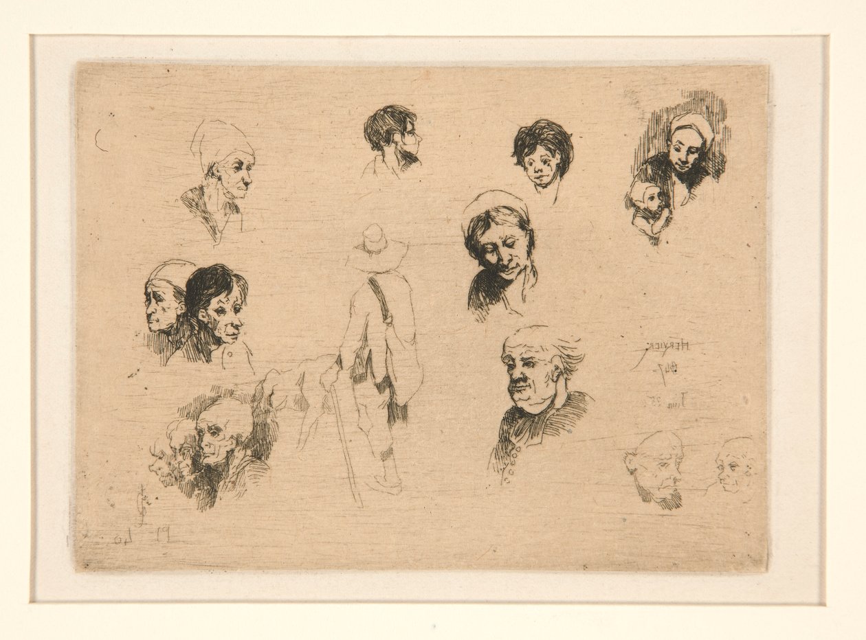Olika skisser, huvuden av Louis Adolphe Hervier
