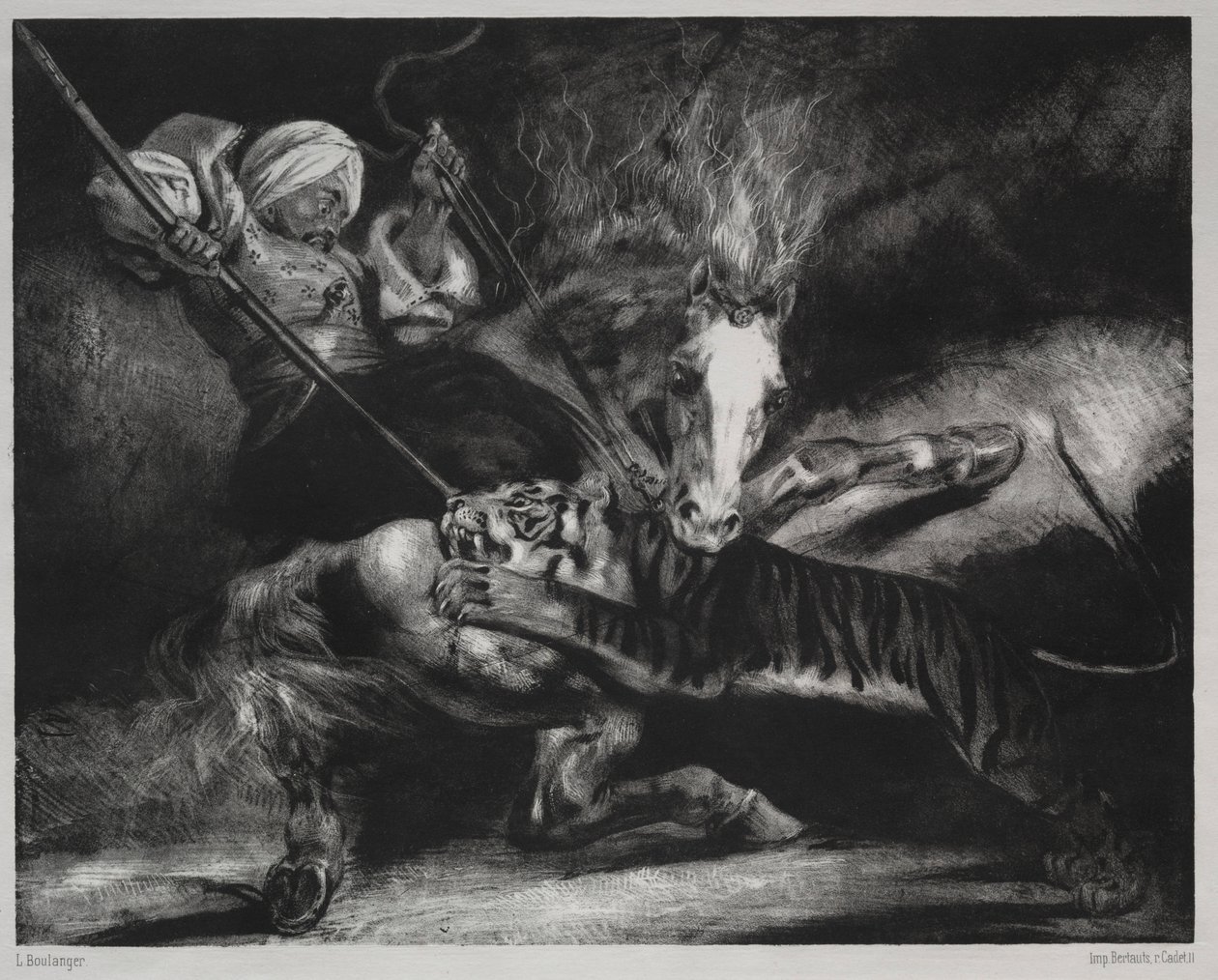 En attack av en tiger. av Louis Candide Boulanger