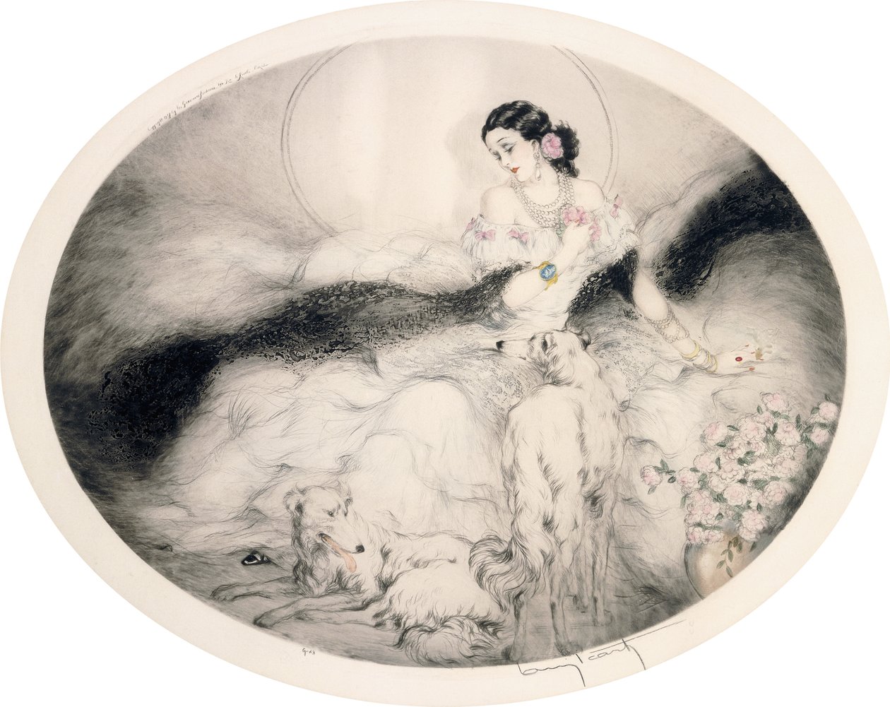 Dam med kamelia, ca 1917 (etsning och torrnål) av Louis Icart
