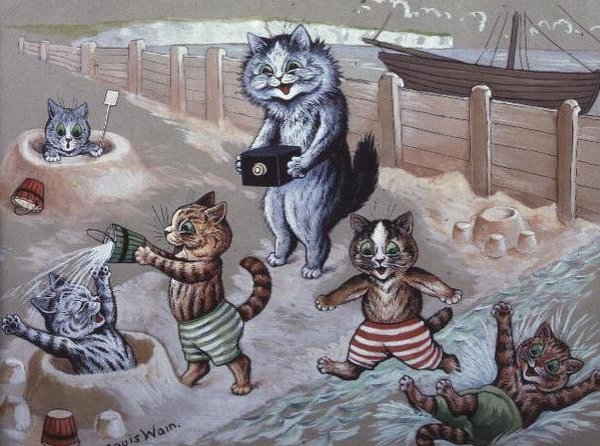 Katter som badar i havet av Louis Wain