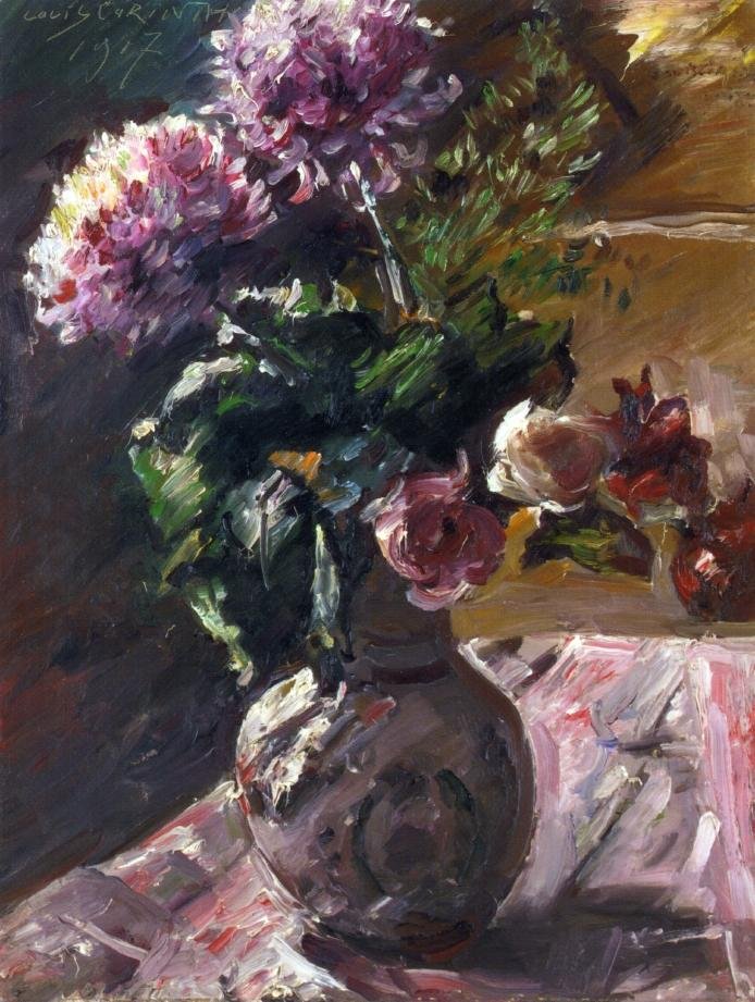  Chrysanthemen und Rosen in einem KrugnEnglish: Chrysanthemums and Roses in a Jugn av Lovis Corinth
