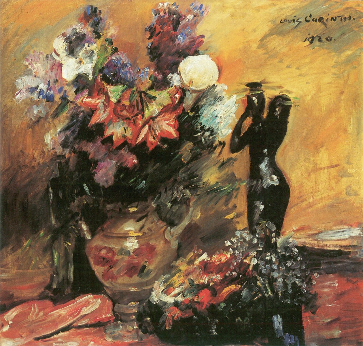  Kalla und Flieder mit Bronzefigurn av Lovis Corinth