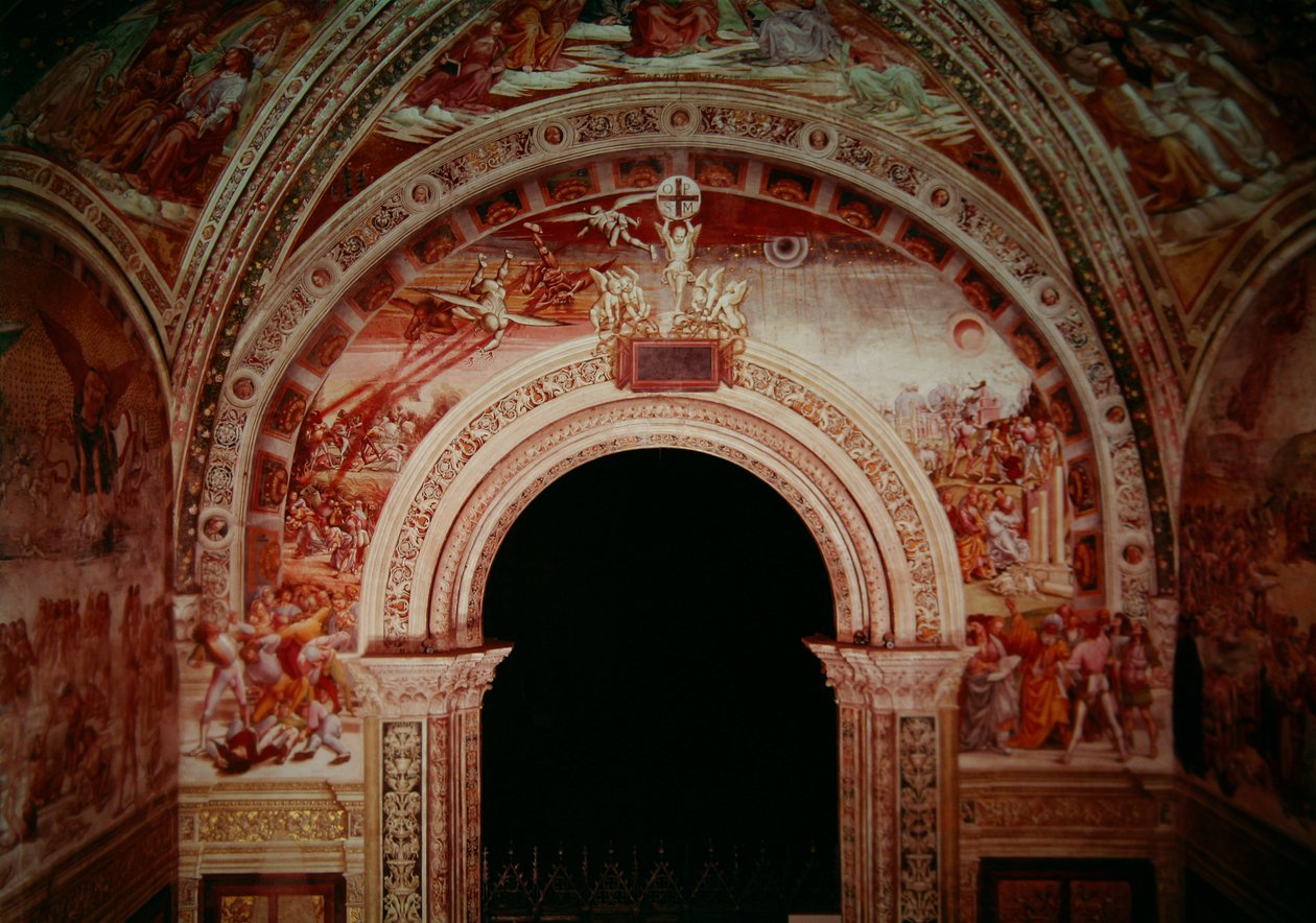 Profeter och världens ände, ingångsväggen till kapellet i Madonna di San Brizio, 1499-1504 av Luca Signorelli