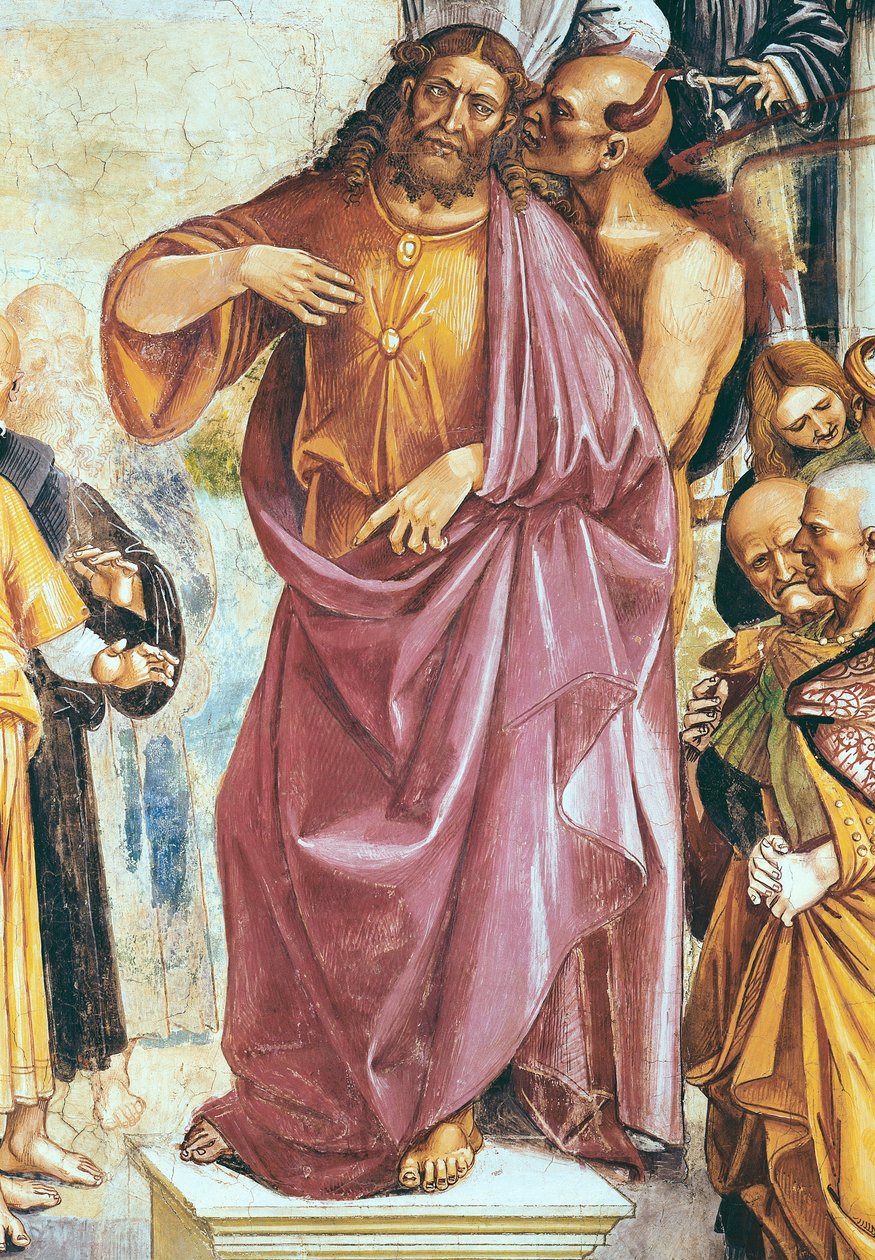 Antikrists predikan, detalj om Kristus och djävulen, från kapellet i Madonna di San Brizio, 1499-1504 av Luca Signorelli