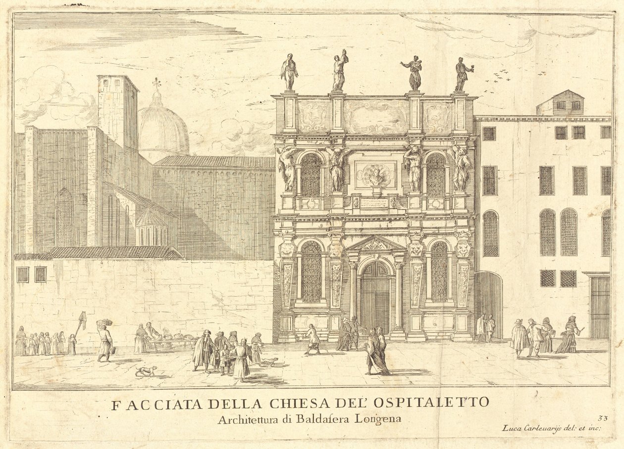 Fasad av Ospitalettokyrkan (skylt 33) av Luca Carlevariis