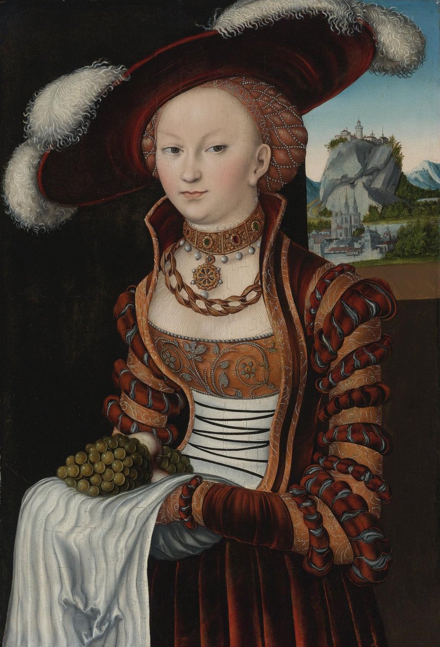 Portrait of a Young Woman Holding Grapes and Apples av Lucas Cranach the Elder
