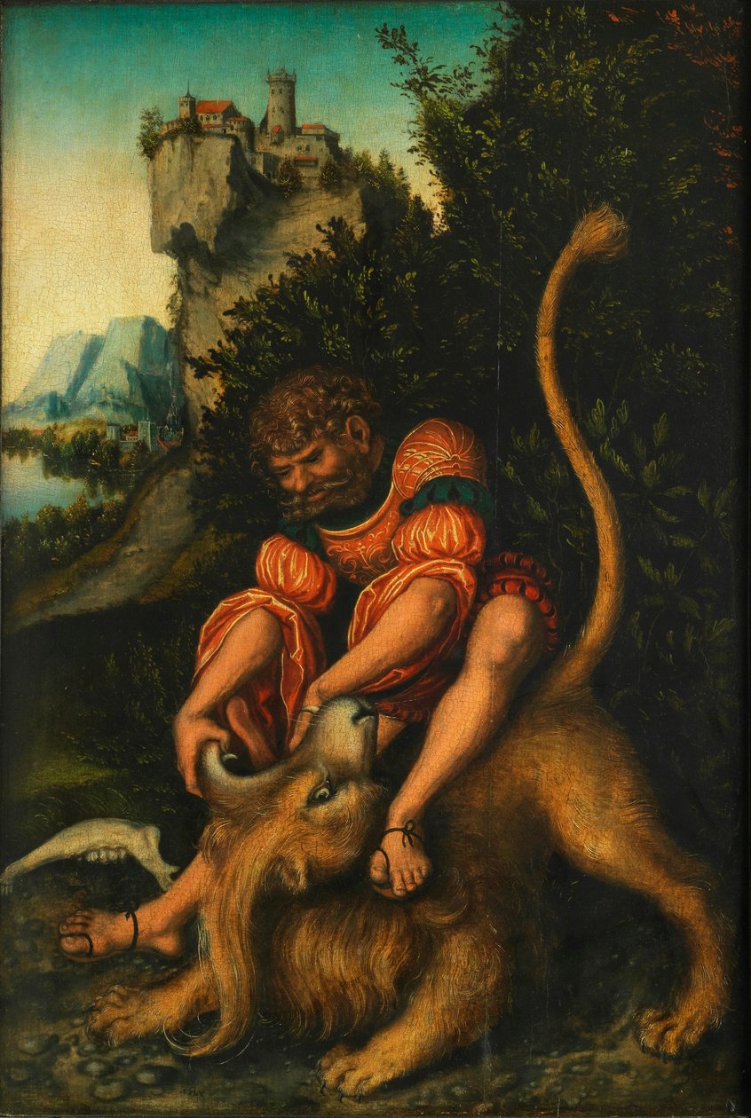 Samsons fight with the Lion  Samson battling with the lion av Lucas Cranach the Elder