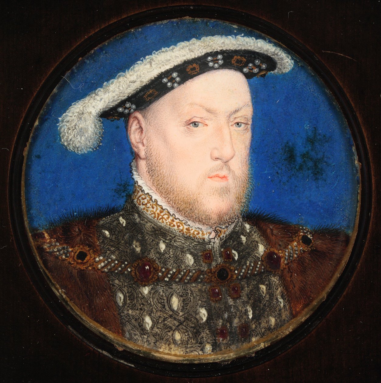 Henry VIII i en grå dubblett och pälsklänning (wc & kroppsfärg på veläng) av Lucas Horenbout or Hornebault