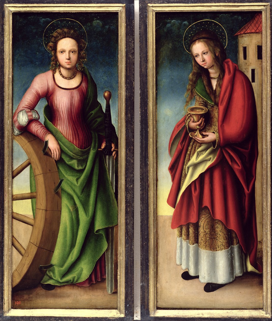 St. Catherine and St. Barbara, 1510  av Lucas studio of Cranach