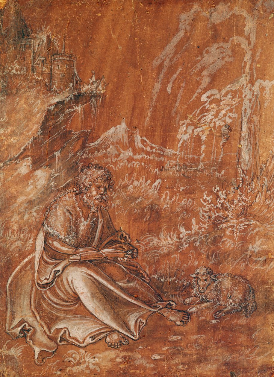 Sankt Johannes Döparen sittande i ett bergslandskap (bläck på papper) av Lucas Cranach the Elder