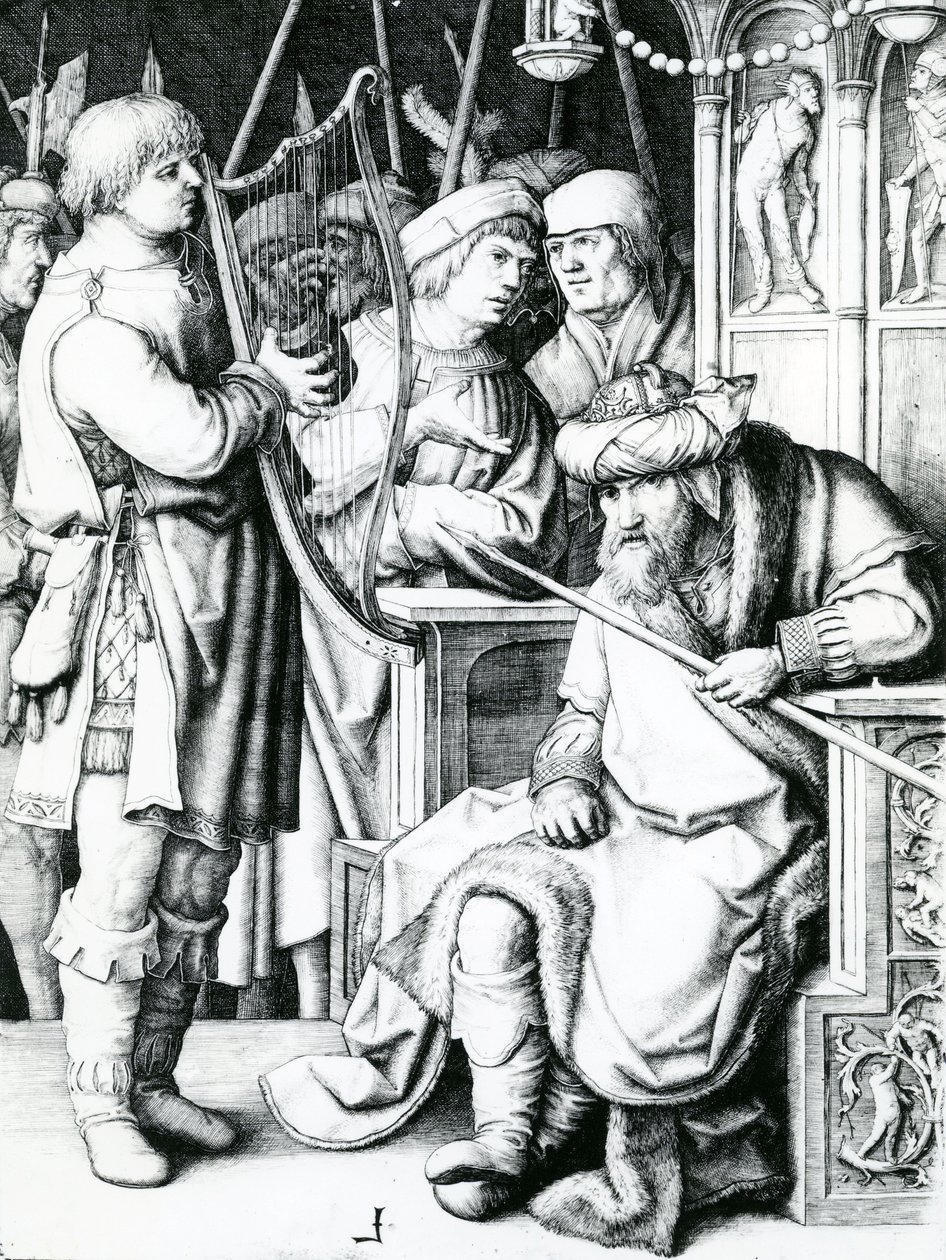 David spelar harpa för Saul av Lucas van Leyden