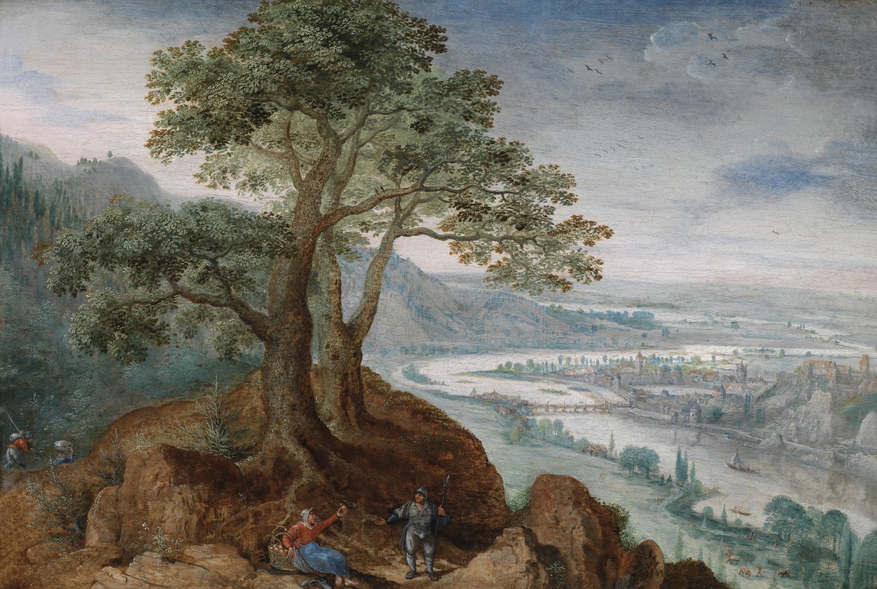 Blick von Pöstlinberg auf die Stadt Linz mit einer Bäuerin und einem Wanderer auf einem Pfad im Vordergrund av Lucas van Valckenborch