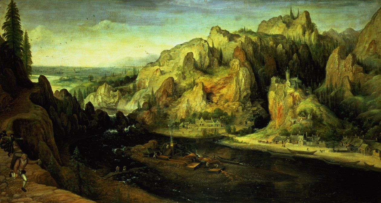 Bergslandskap med en överraskningsattack, c.1585 av Lucas van Valckenborch