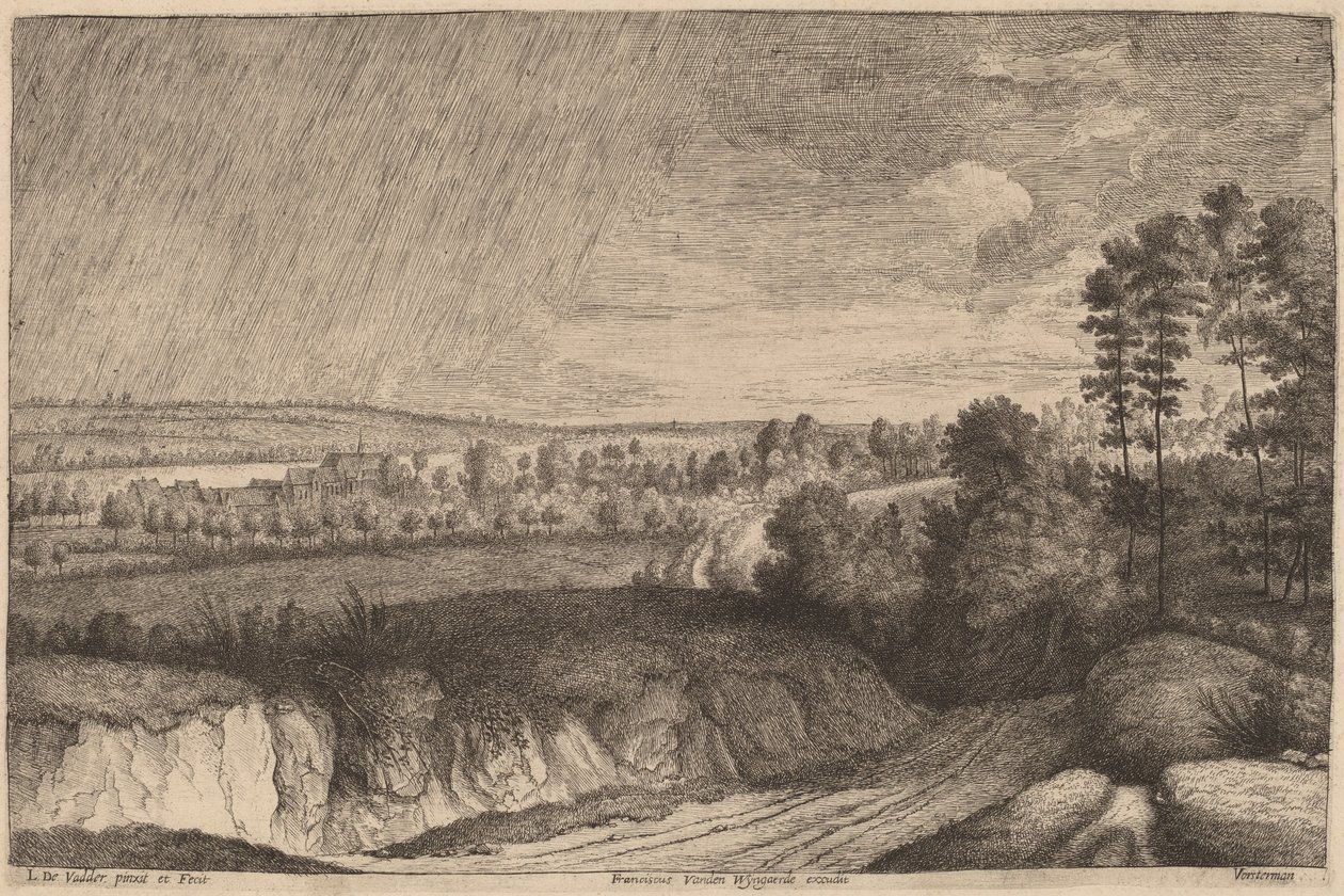 Regnigt landskap av Lucas Emil Vosterman, after Lodewijk de Vadder