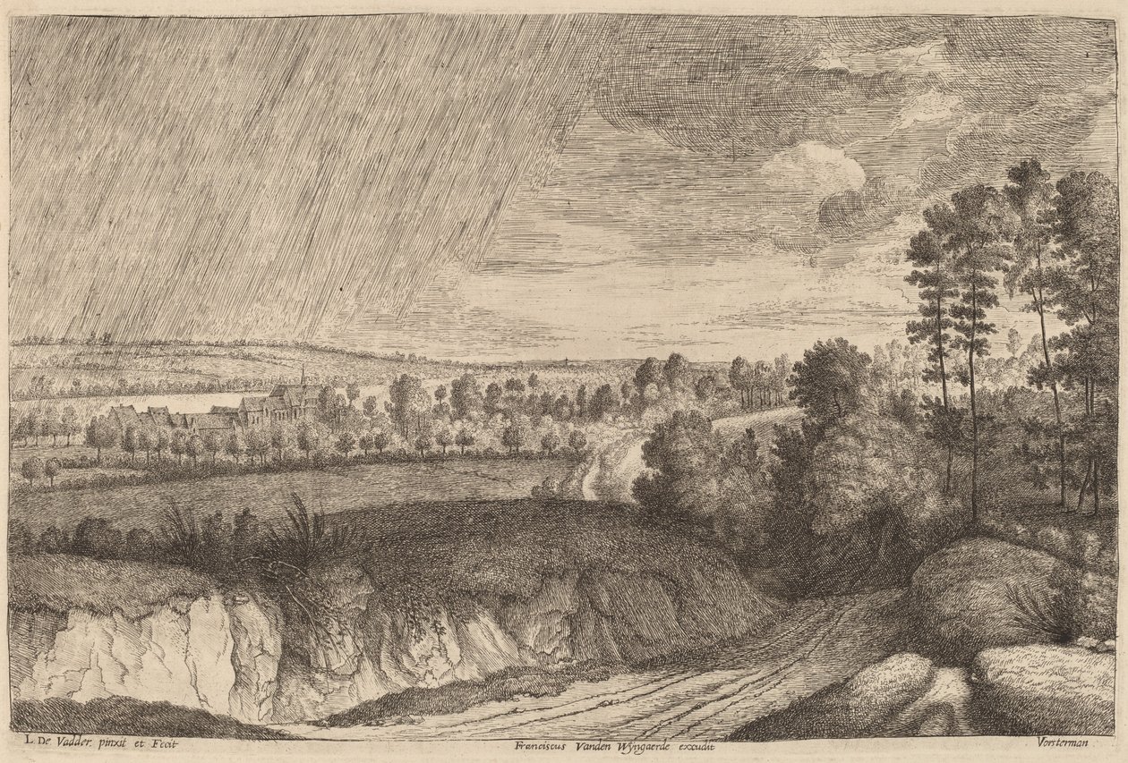 Regnigt landskap av Lucas Emil Vosterman, after Lodewijk de Vadder