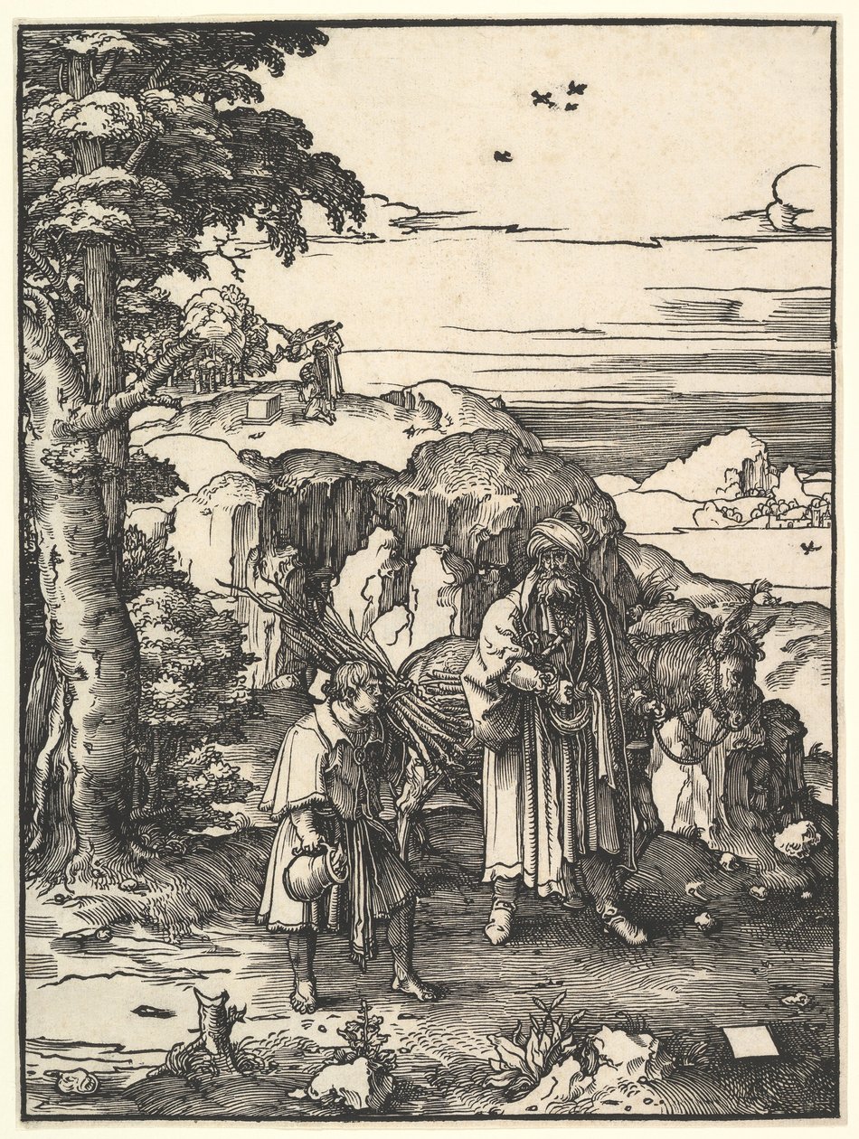 Abraham går för att offra Isak, 1517-19. av Lucas van Leyden