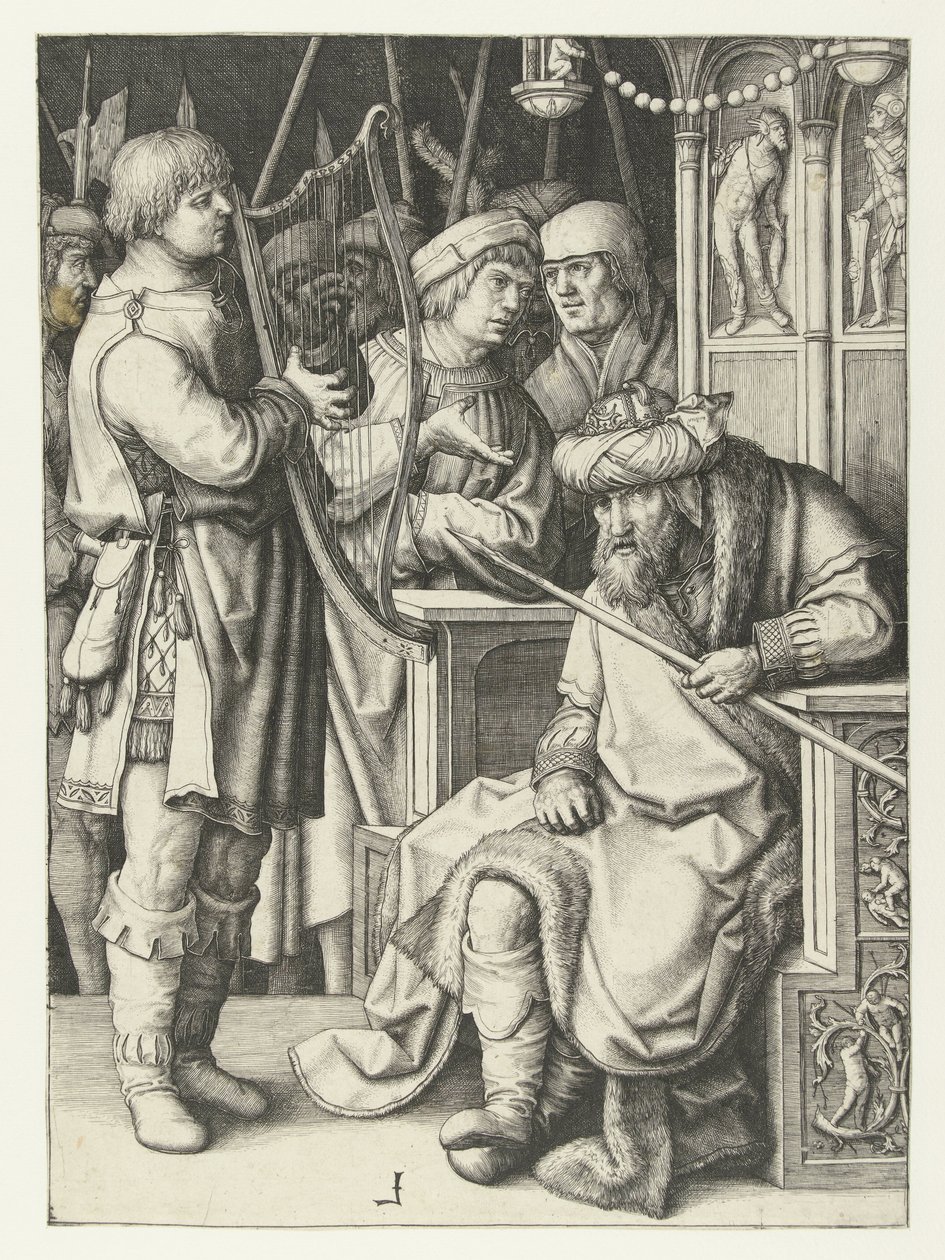 David spelar harpa för Saul av Lucas van Leyden