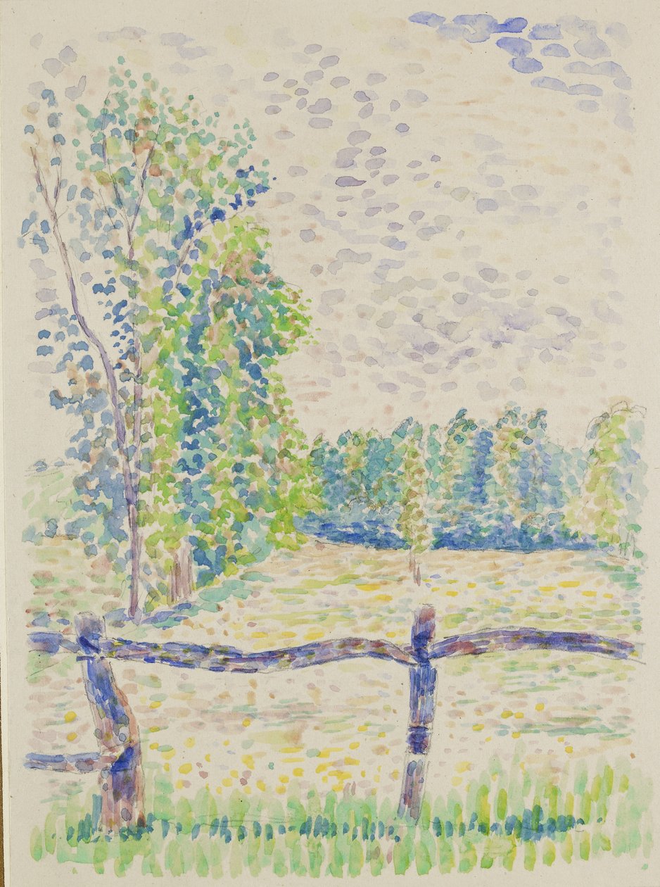 La Barrière, Eragny Meadows, ca 1886 (akvarell över grafit på vitt papper) av Lucien Pissarro