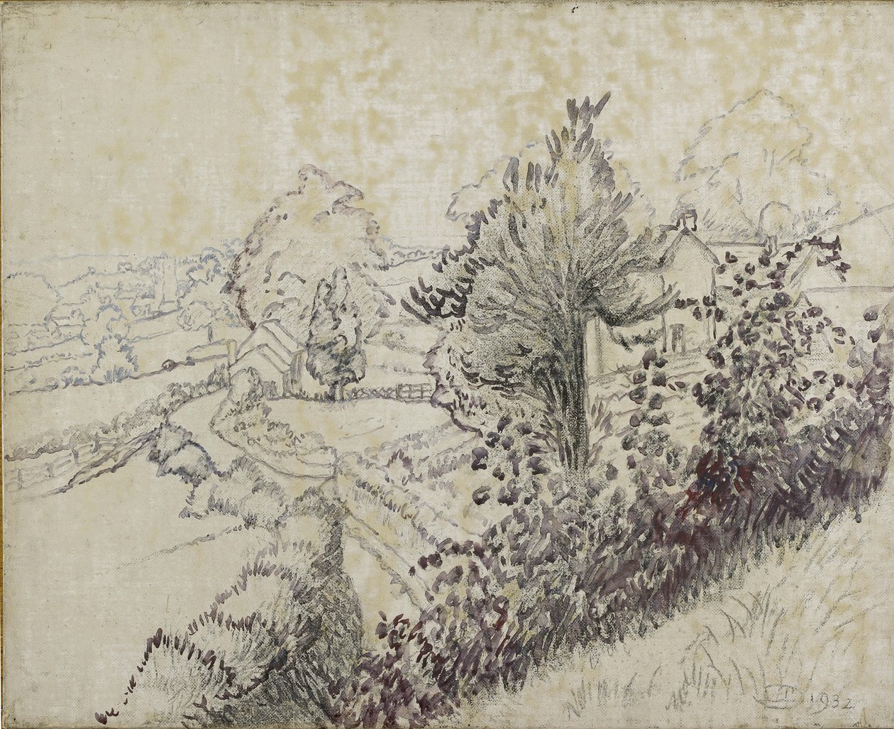 View of Leintwardine, 1932 (svart krita och oljetvätt på duk på bräda) av Lucien Pissarro