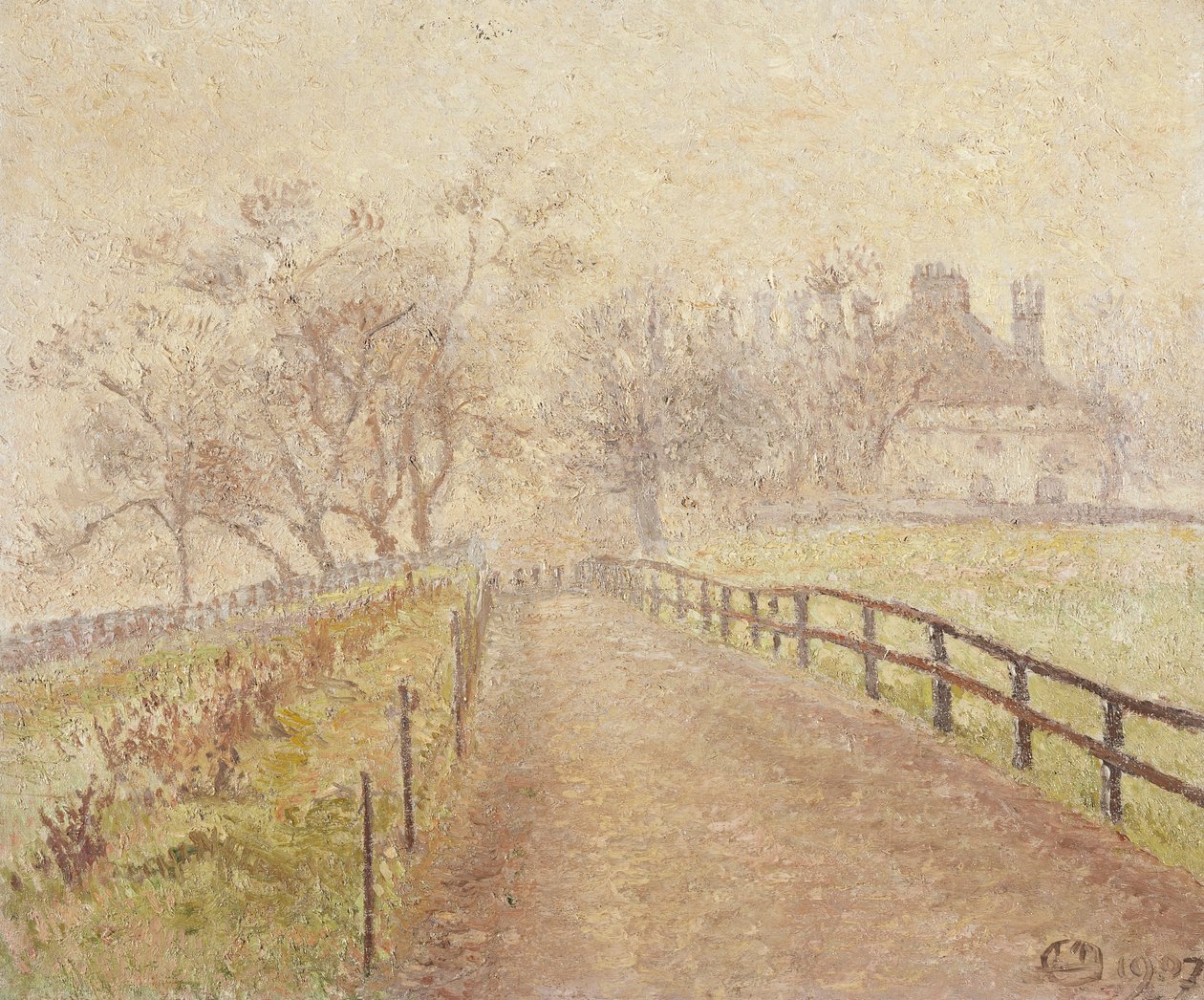 En dimmig morgon, Mortlake av Lucien Pissarro