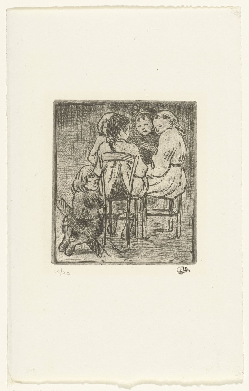 Grupp på fem sittande tjejer av Lucien Pissarro