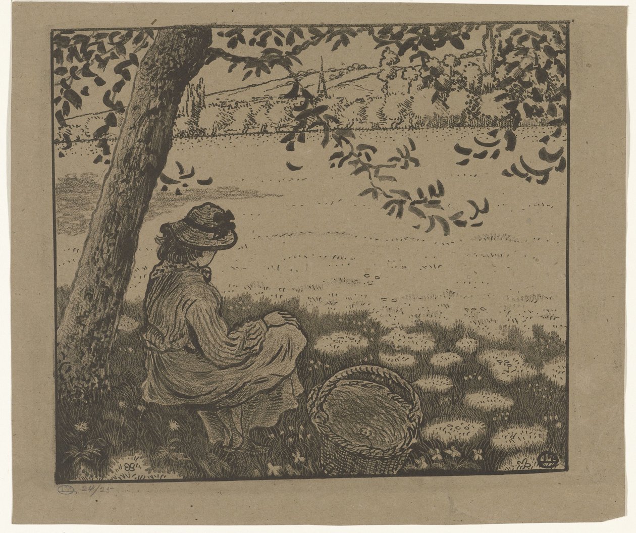Flicka under ett träd på en äng av Lucien Pissarro
