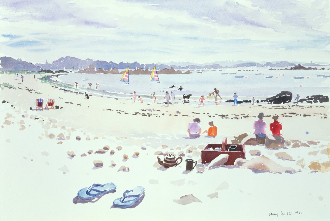 Cobo Bay, Guernsey, 1987 (wc på papper) av Lucy Willis