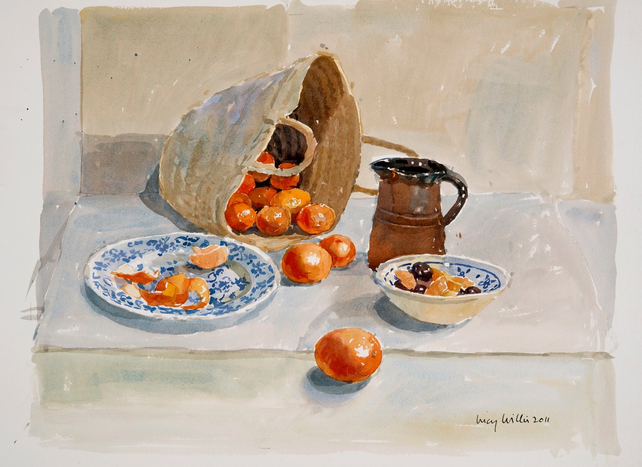 Oranges and Leach Jug, 2011 (wc on paper)swed av Lucy Willis