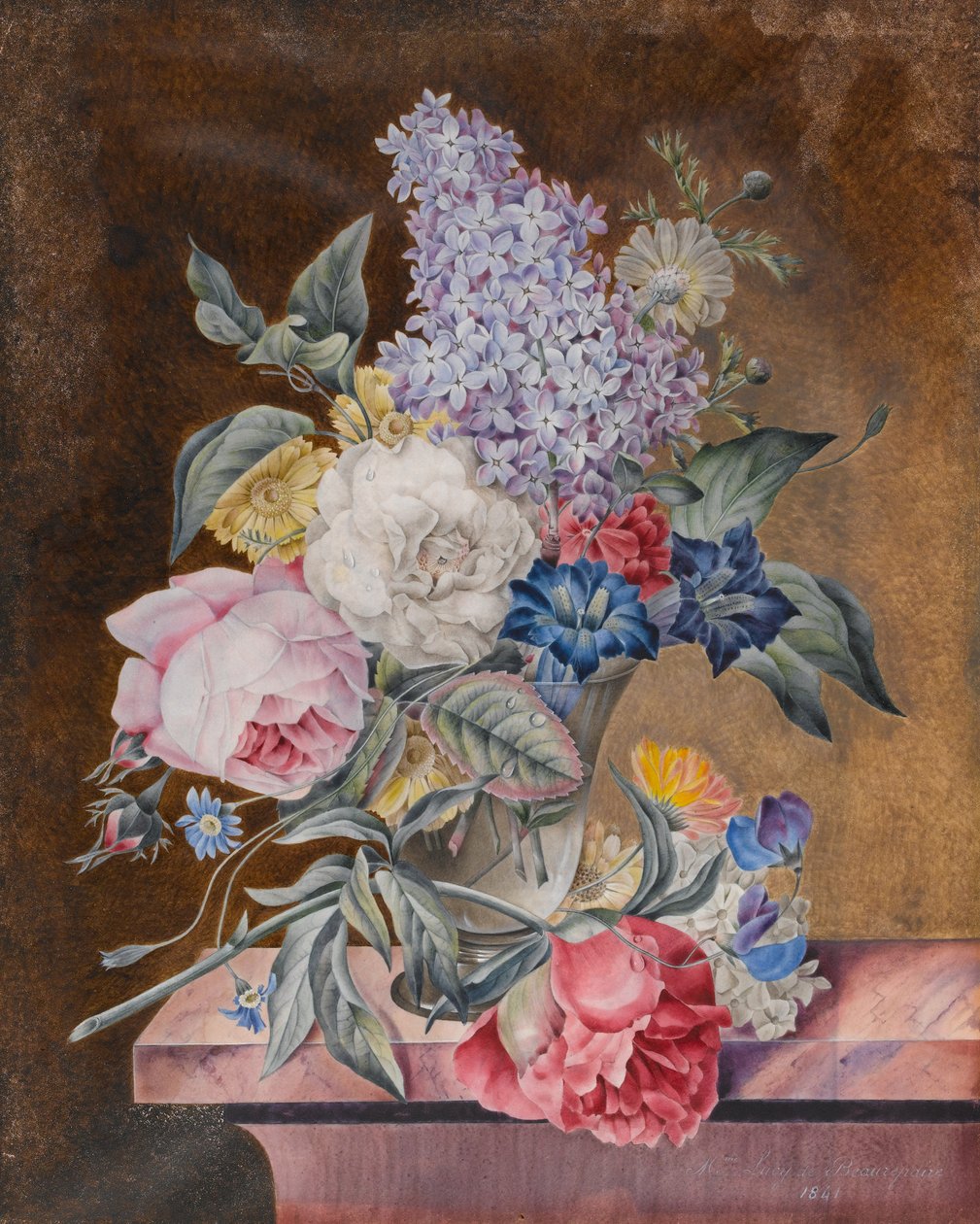 Vase med blommor, inklusive ros och syren, på en marmorkant, 1841 (wc und bodycolour på pergament) av Lucy de Beaurepaire