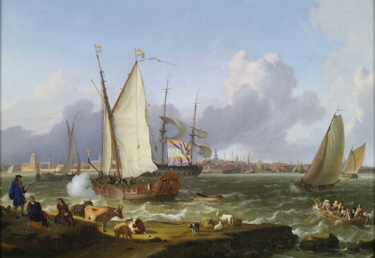 Utsikt över Emden från ön Nesserland av Ludolf Bakhuizen
