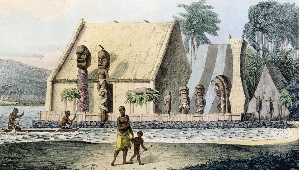 Kungens tempel i Tiritateabukten, från "Voyage Pittoresque Autour du Monde", graverad av Jean Pierre Norblin (1745-1830) och publicerad 1822. av Ludwig Choris