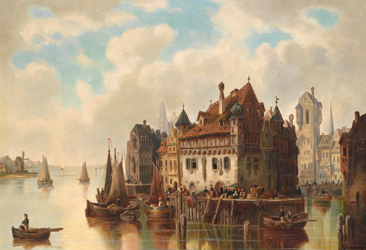 Fantasy utsikt över en stad vid floden av Ludwig Hermann