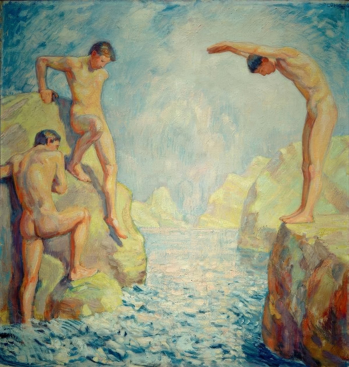 Stenig strand med unga män av Ludwig von Hofmann