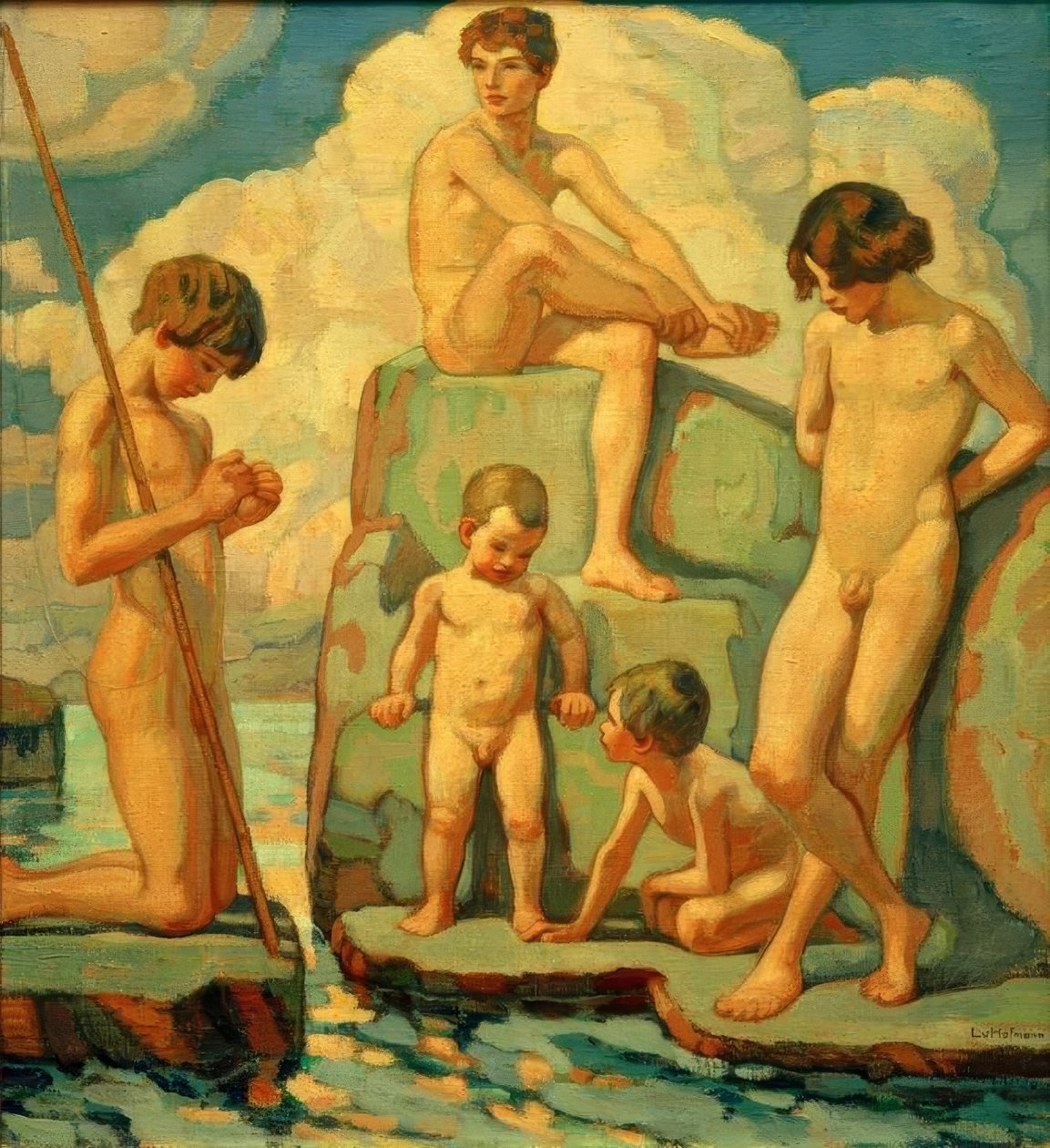 Fem pojkar på en sten av Ludwig von Hofmann