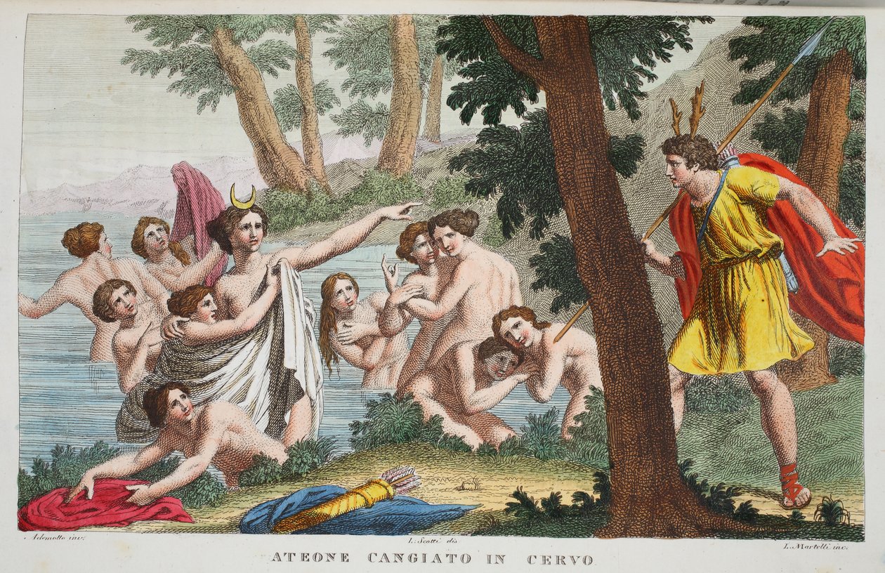 Actaeon till en hjort eller Ateone Cangiato in Cervo, illustration från Ovidius Metamorfoser, Florens, 1832 (handkolorerat gravyr) av Luigi Ademollo