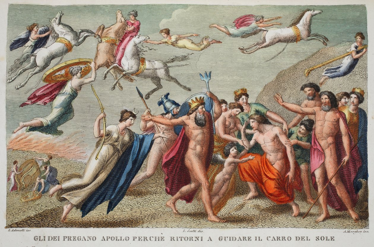 Den missnöjda Apollo vägrar att köra eller Gli Dei Oregano Apollo Perche återvänder för att köra solens vagn, illustration från Ovidius