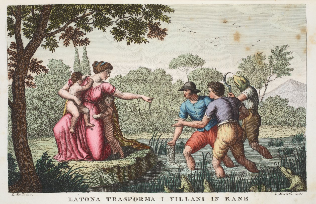 Lycian Rustics into Frogs or Latona transforma I Villani in Rane, Book VI, illustration från Ovid