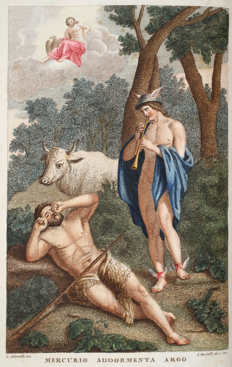 Merkurius somnar Argus eller Mercurio Addormenta Argo, illustration från Ovidius Metamorfoser, Florens, 1832 (handkolorerat gravyr) av Luigi Ademollo
