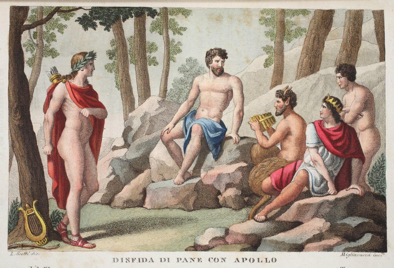 Pan och Apollo eller Dinfida di Pane con Apollo, Bok XI, illustration från Ovidius