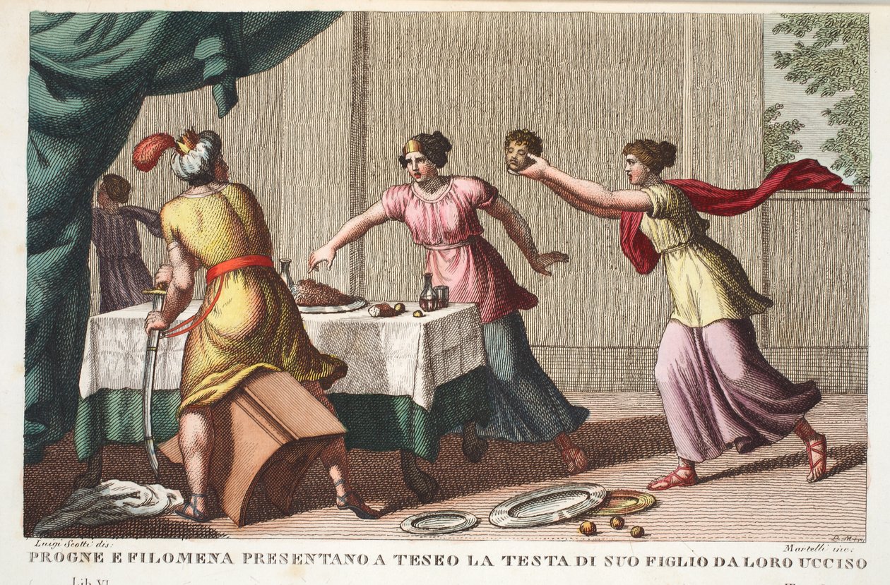 Procne, Philomela och Tereus Driven Insane eller Progne och Filomena presenterar för Theseus the Head of his Son av Loro Killed, Bok VI, illustration från Ovidius