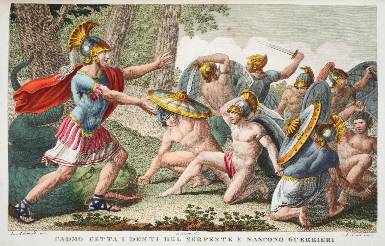Soldater springer ur ormens tänder eller Cadmo getta I denti del serpente e nascono Guerrieri, illustration från Ovidius