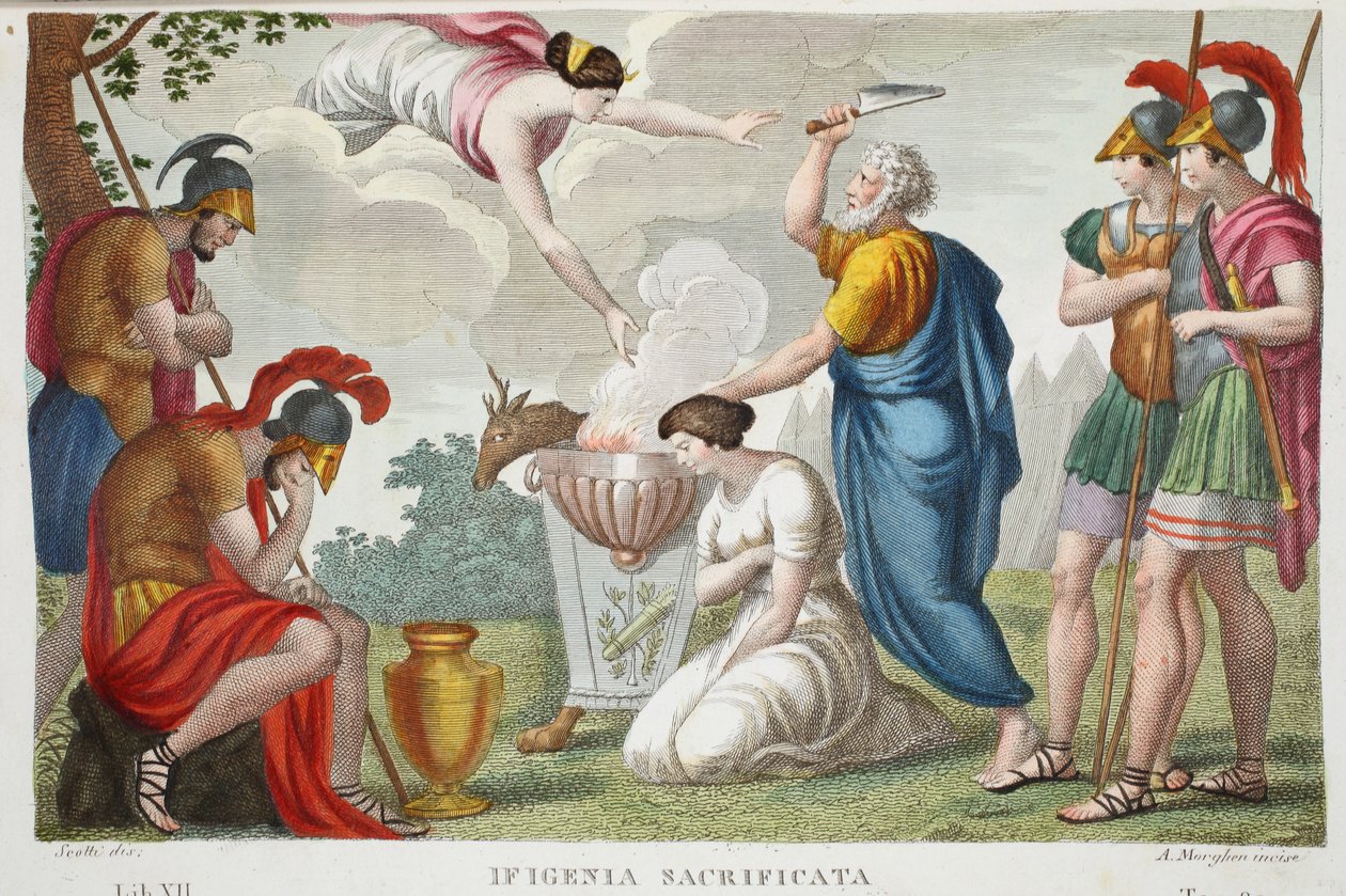 Ifigenias offer eller Ifigenia Sacrificata, bok XII, illustration från Ovidius Metamorfoser, Florens, 1832 (handkolorerat gravyr) av Luigi Ademollo