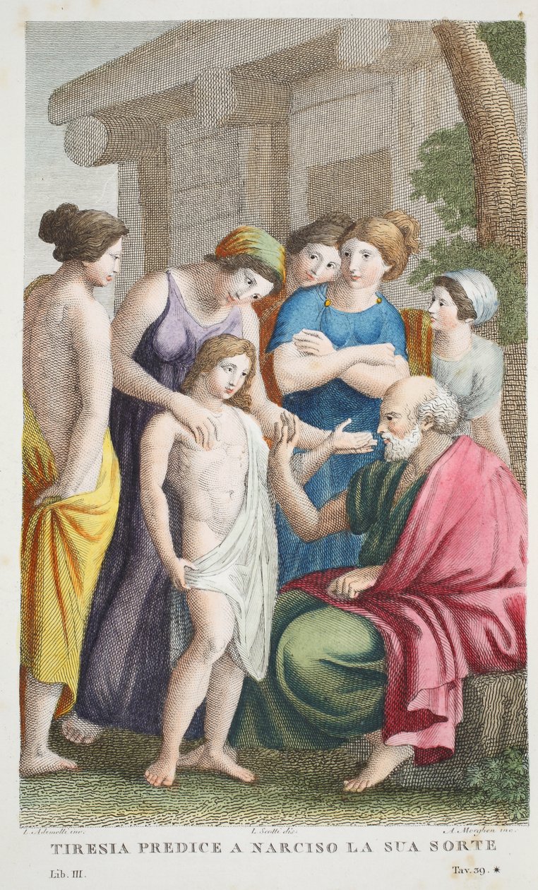 Tiresias Prophecies eller Tirrenia predice a Narciso la sua sorte, Bok III, illustration från Ovidius Metamorphoses, Florens, 1832 (handfärgad gravyr) av Luigi Ademollo