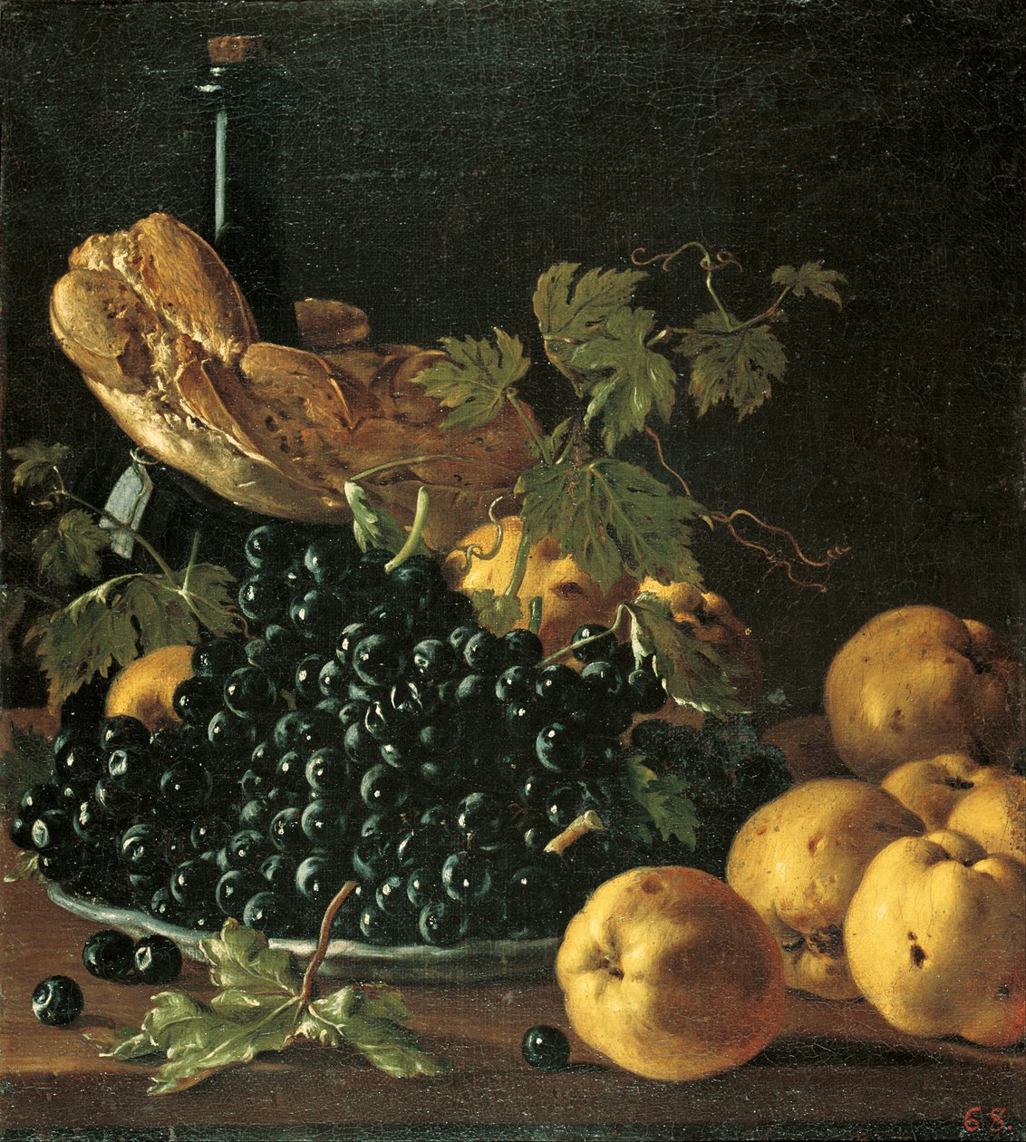 Still Life with Bread, Apples, Grapes and a Bottle av Luis Egidio Melendez