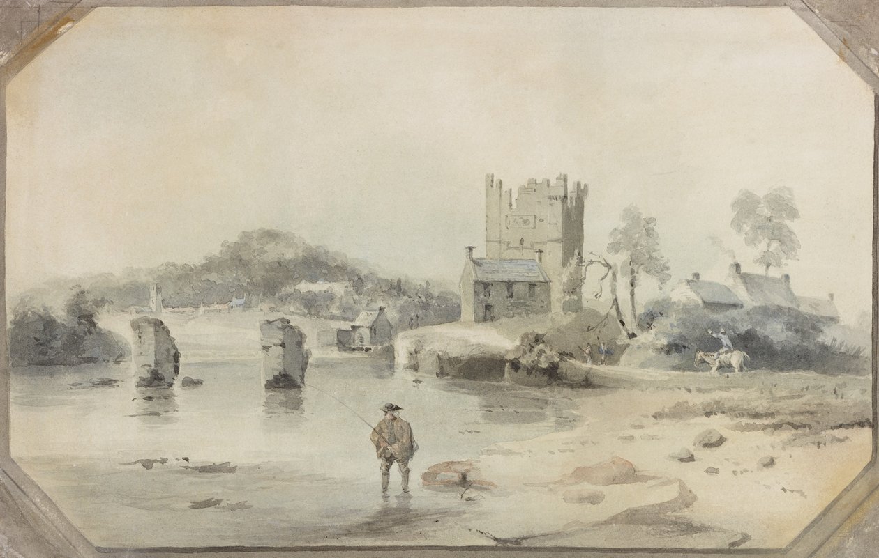 Bywell Castle and Ruins of a Bridge (penna och akvarell på papper) av Luke Clennell