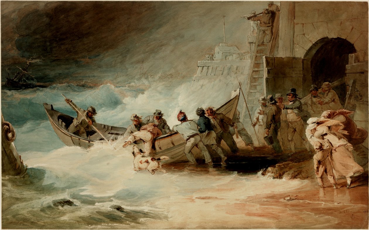 Launching the Lifeboat (akvarell, penna och penna och bläck (brunt) på papper (på syrafritt papper) av Luke Clennell