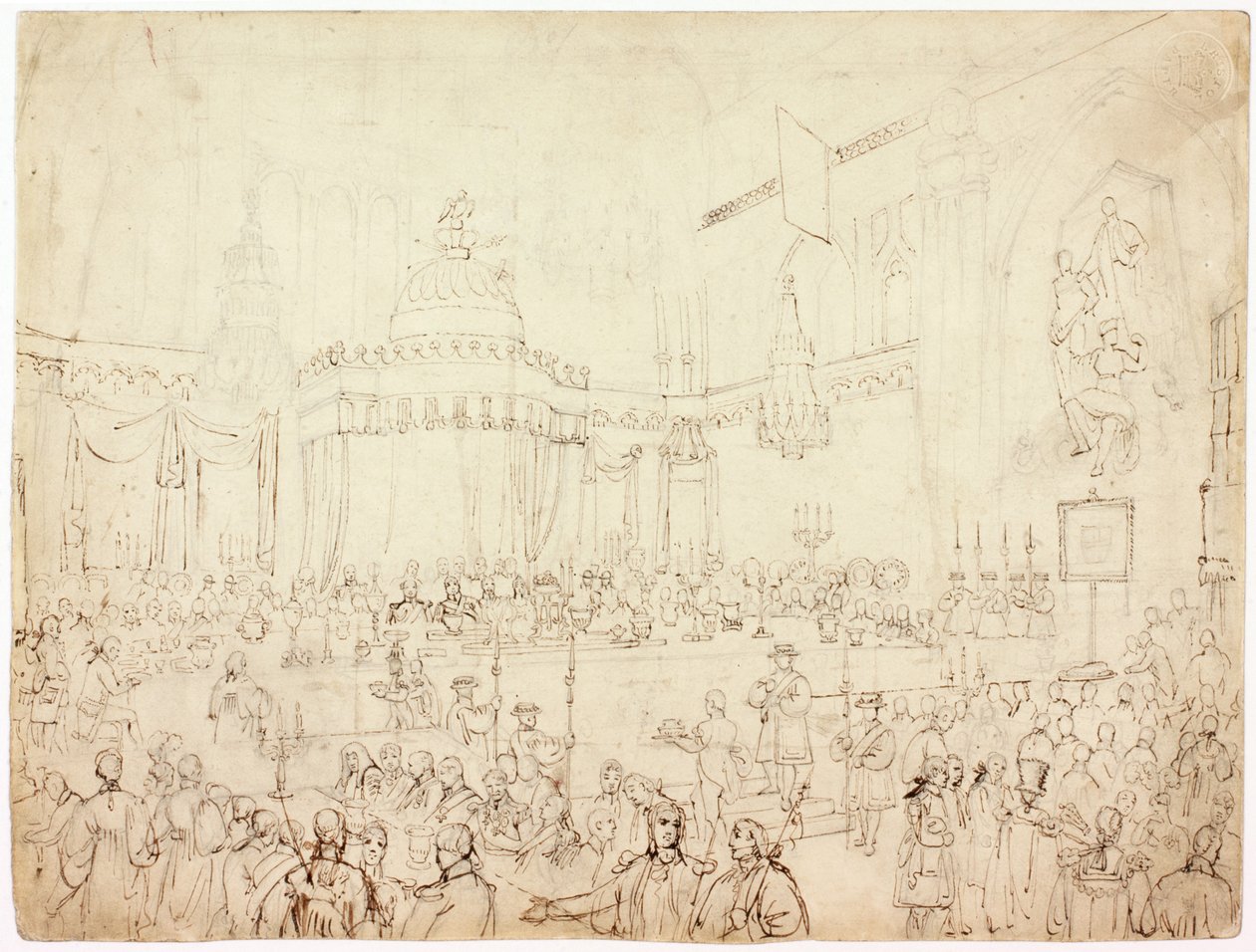 Studie för de allierade suveränernas bankett i Guildhall, London (bläck) av Luke Clennell
