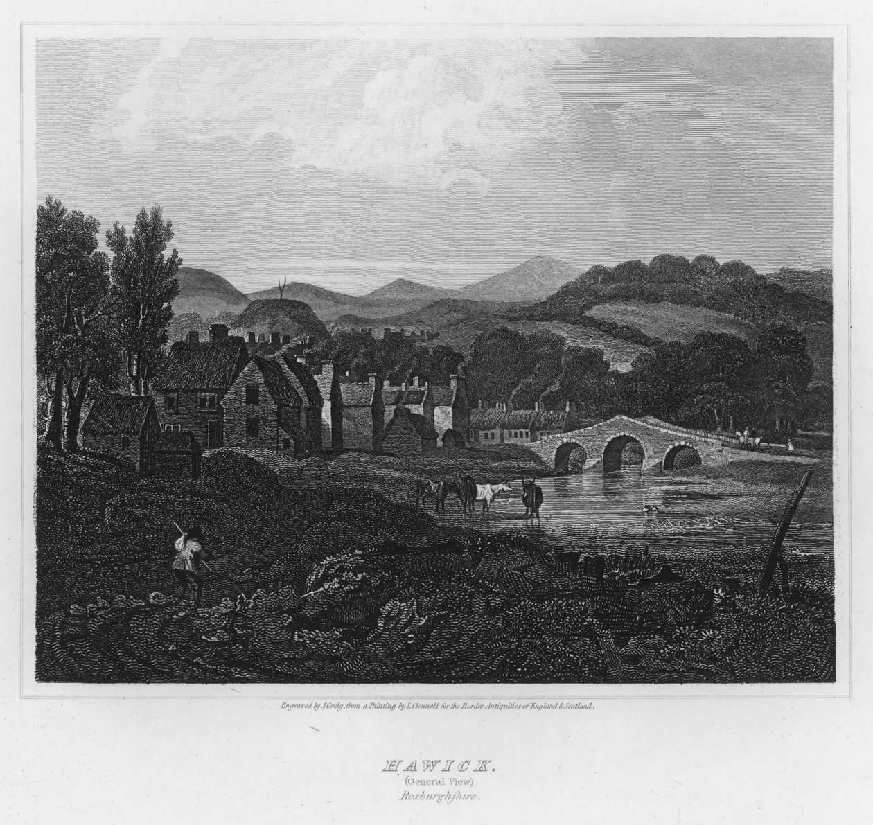 Hawick, General View, Roxburghshire (gravyr) av Luke (after) Clennell