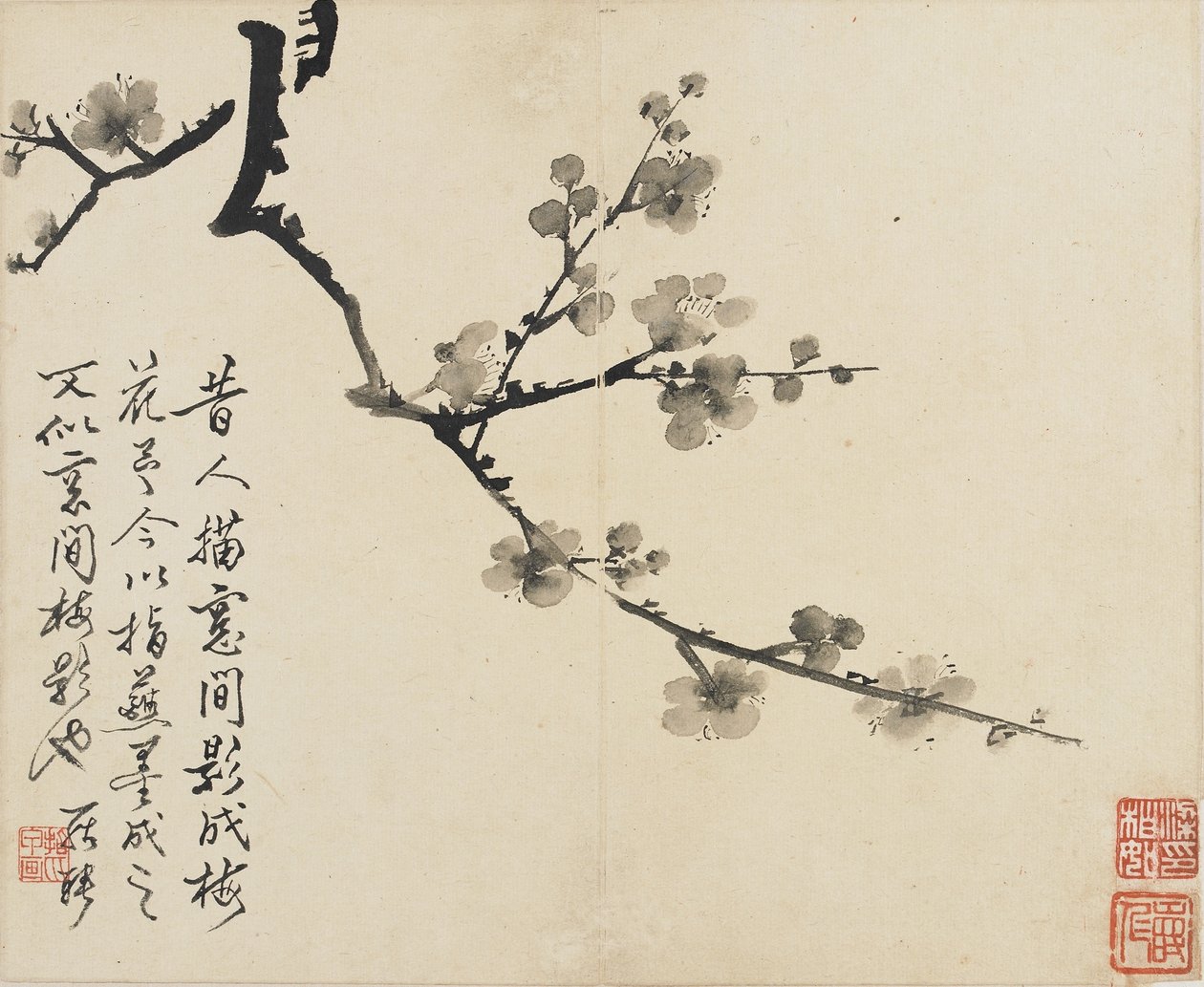 Landskap, blommor och fåglar: Plommon, Qingdynastin, 1780 (bläck på papper) av Luo Ping