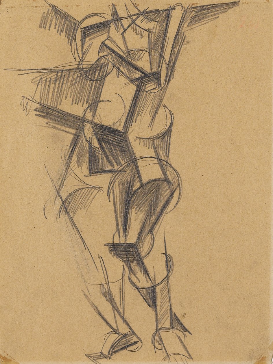 Kubistisk man (stående figur), 1915 (grafit på vävt papper) av Lyubov Sergeevna Popova